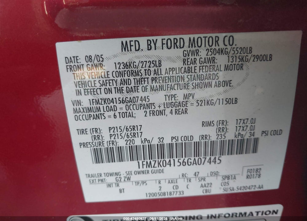 2006 FORD FREESTYLE SE VIN: 1FMZK04156GA07445