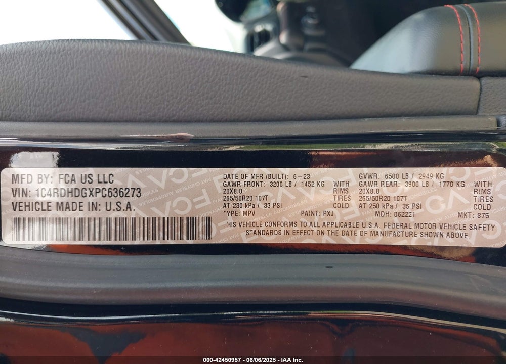 2023 DODGE DURANGO VIN: 1C4RDHDGXPC636273