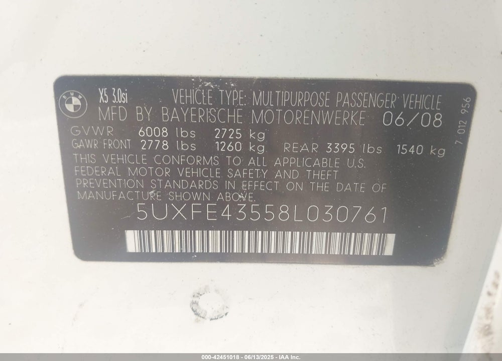 2008 BMW X5 VIN: 5UXFE43558L030761