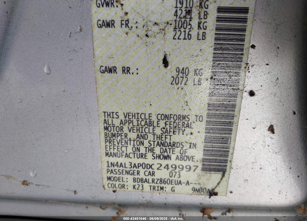 2013 NISSAN ALTIMA VIN: 1N4AL3AP0DC249997