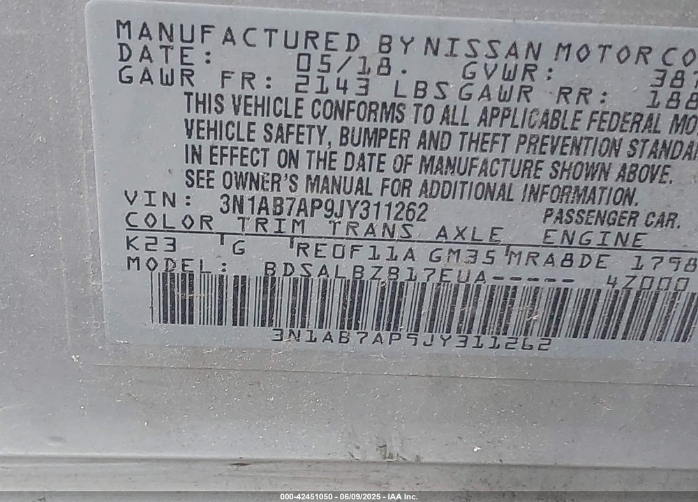 2018 NISSAN SENTRA VIN: 3N1AB7AP9JY311262