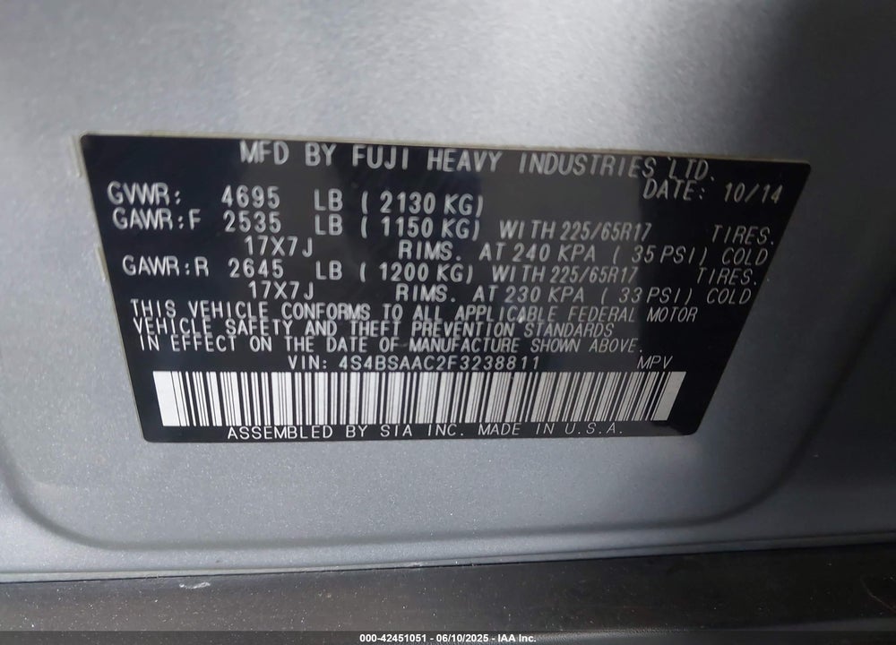 2015 SUBARU OUTBACK VIN: 4S4BSAAC2F3238811