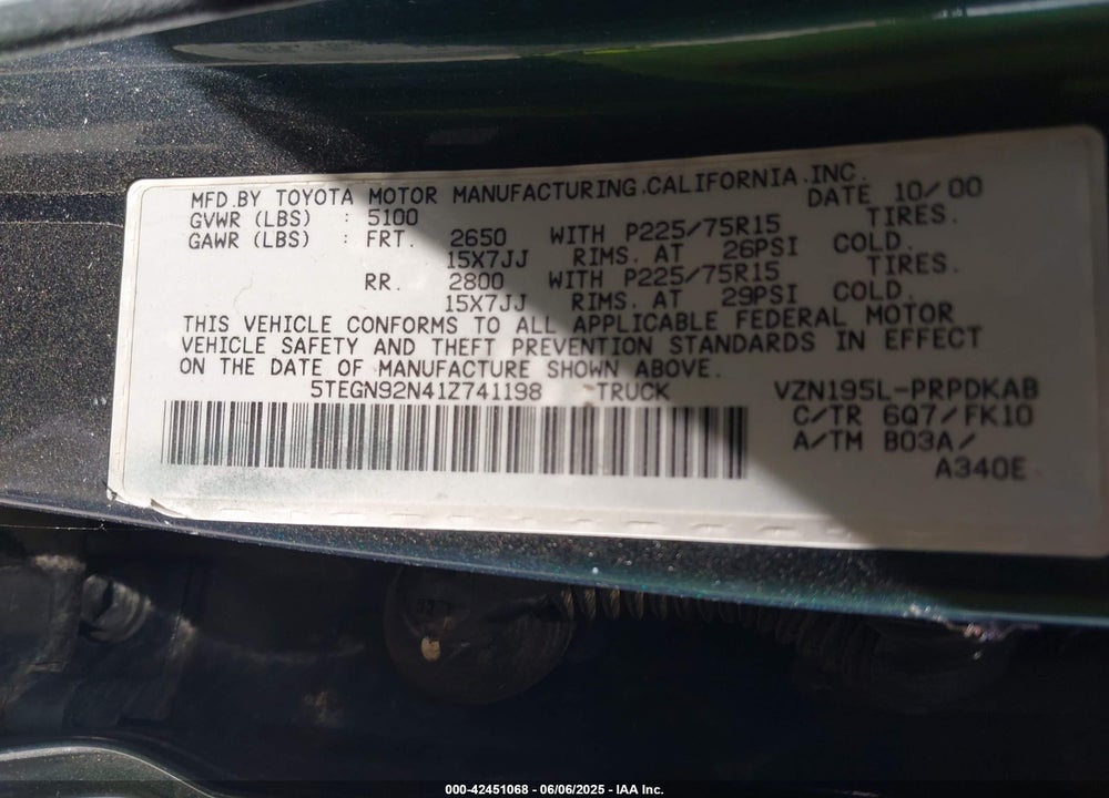 2001 TOYOTA TACOMA PRERUNNER V6 VIN: 5TEGN92N41Z741198