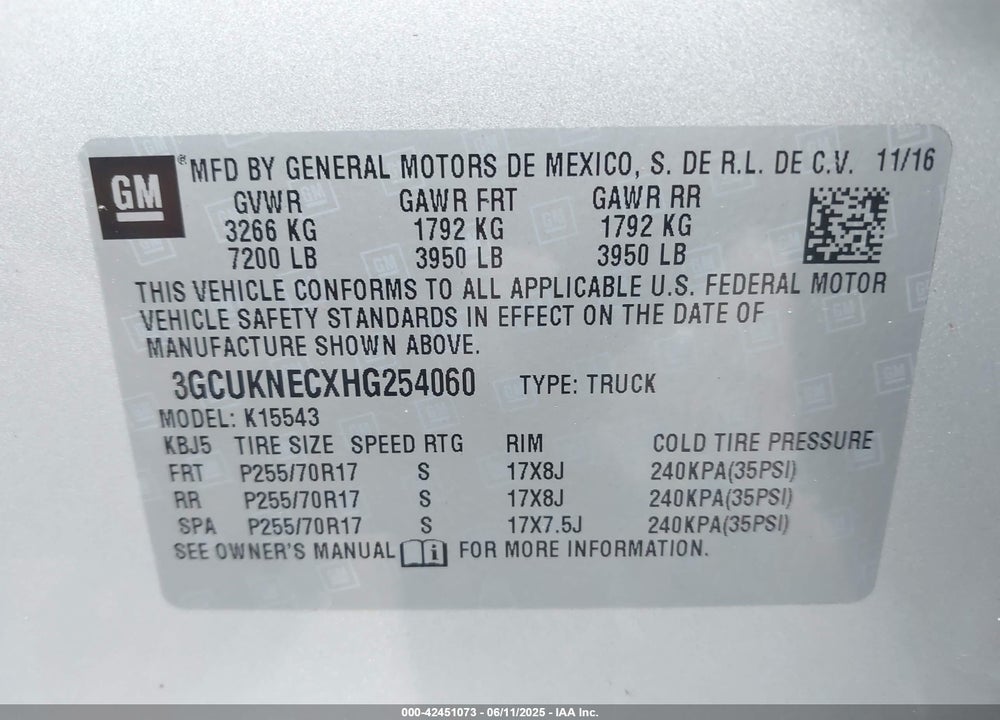 2017 CHEVROLET SILVERADO 1500 LS VIN: 3GCUKNECXHG254060