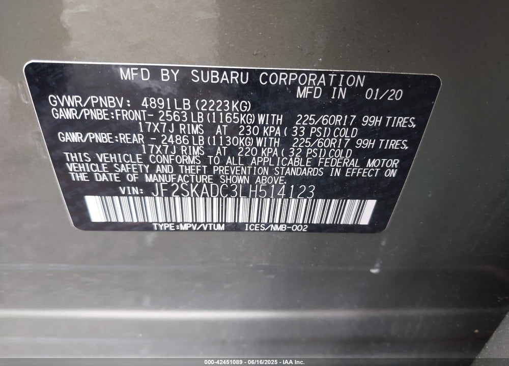 2020 SUBARU FORESTER VIN: JF2SKADC3LH514123