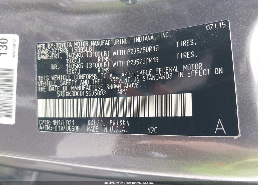 2015 TOYOTA SIENNA VIN: 5TDXK3DC0FS635093