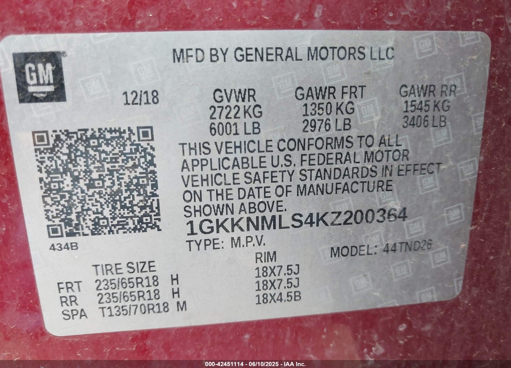 2019 GMC ACADIA VIN: 1GKKNMLS4KZ200364