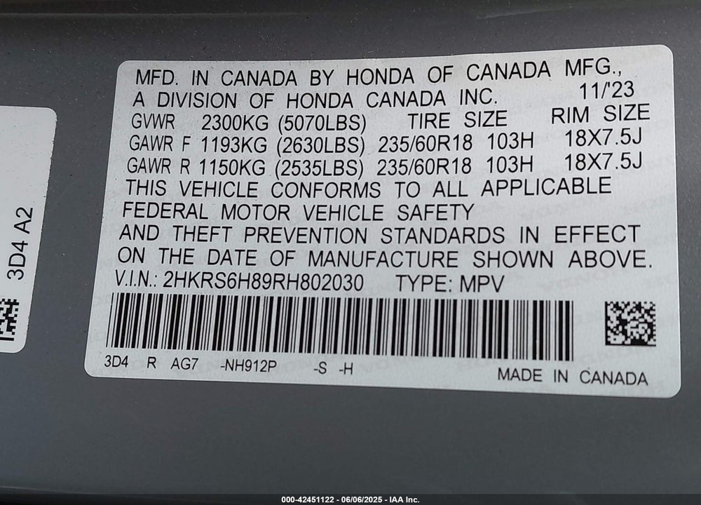 2024 HONDA CR-V VIN: 2HKRS6H89RH802030