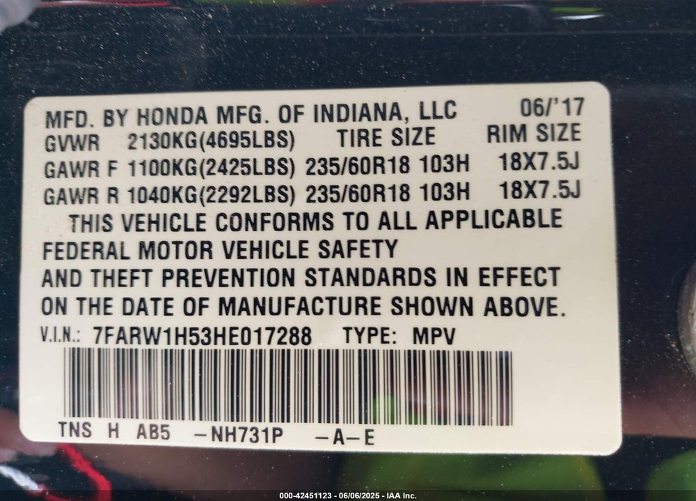 2017 HONDA CR-V VIN: 7FARW1H53HE017288