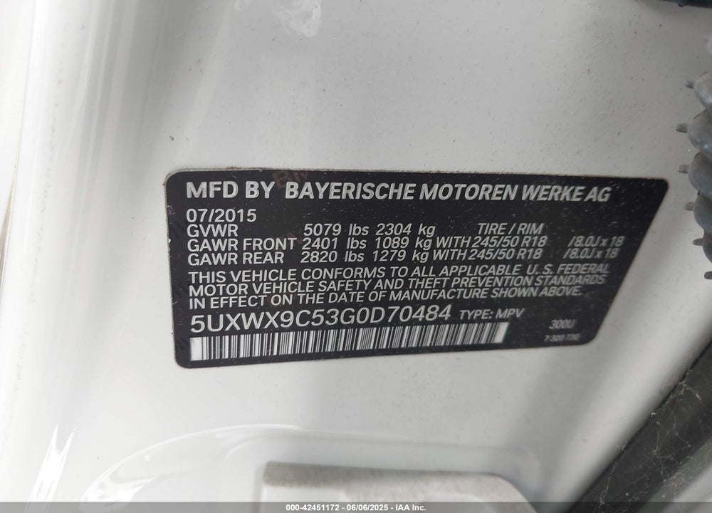 2016 BMW X3 VIN: 5UXWX9C53G0D70484