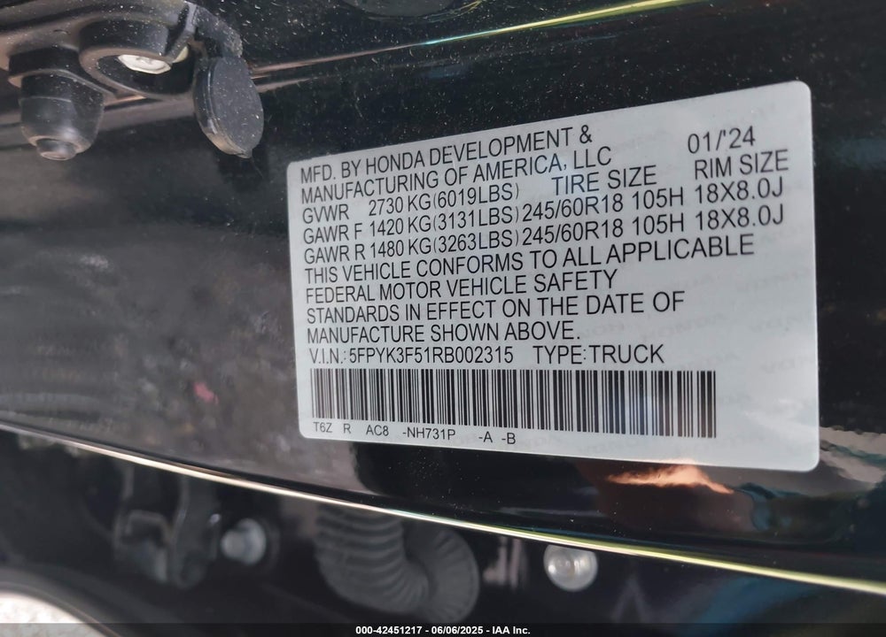 2024 HONDA RIDGELINE VIN: 5FPYK3F51RB002315