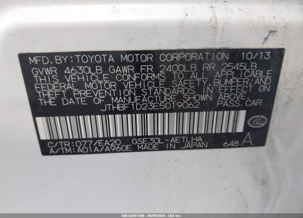 2014 LEXUS IS250 VIN: JTHBF1D23E5019062