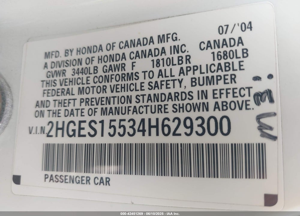 2004 HONDA CIVIC LX VIN: 2HGES15534H629300