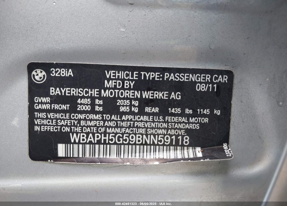 2011 BMW 328I VIN: WBAPH5G59BNN59118