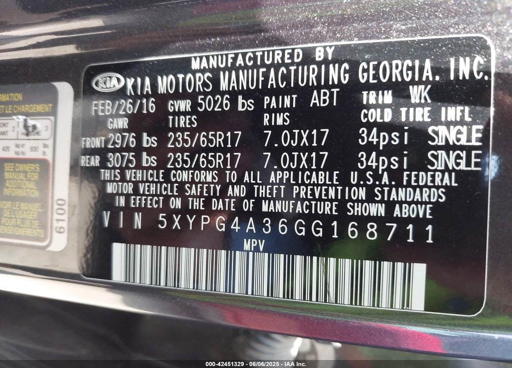 2016 KIA SORENTO VIN: 5XYPG4A36GG168711