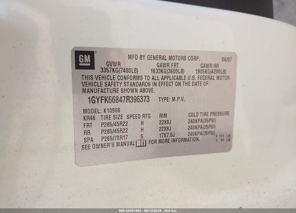 2007 CADILLAC ESCALADE ESV STANDARD VIN: 1GYFK66847R396373