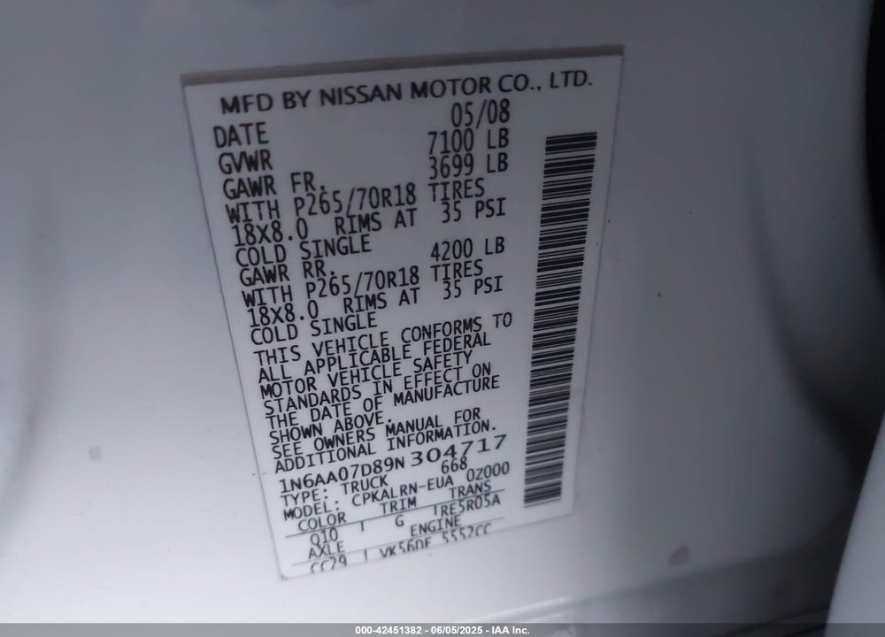 2009 NISSAN TITAN XE VIN: 1N6AA07D89N304717