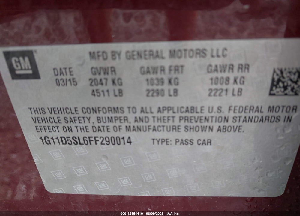 2015 CHEVROLET MALIBU 2LT VIN: 1G11D5SL6FF290014