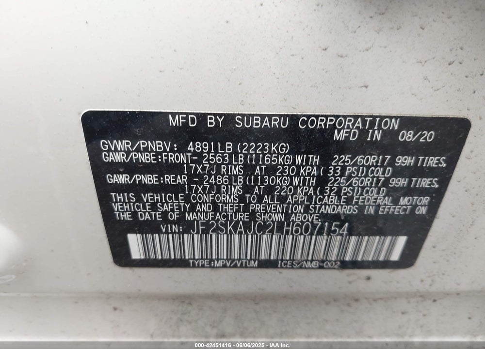 2020 SUBARU FORESTER VIN: JF2SKAJC2LH607154