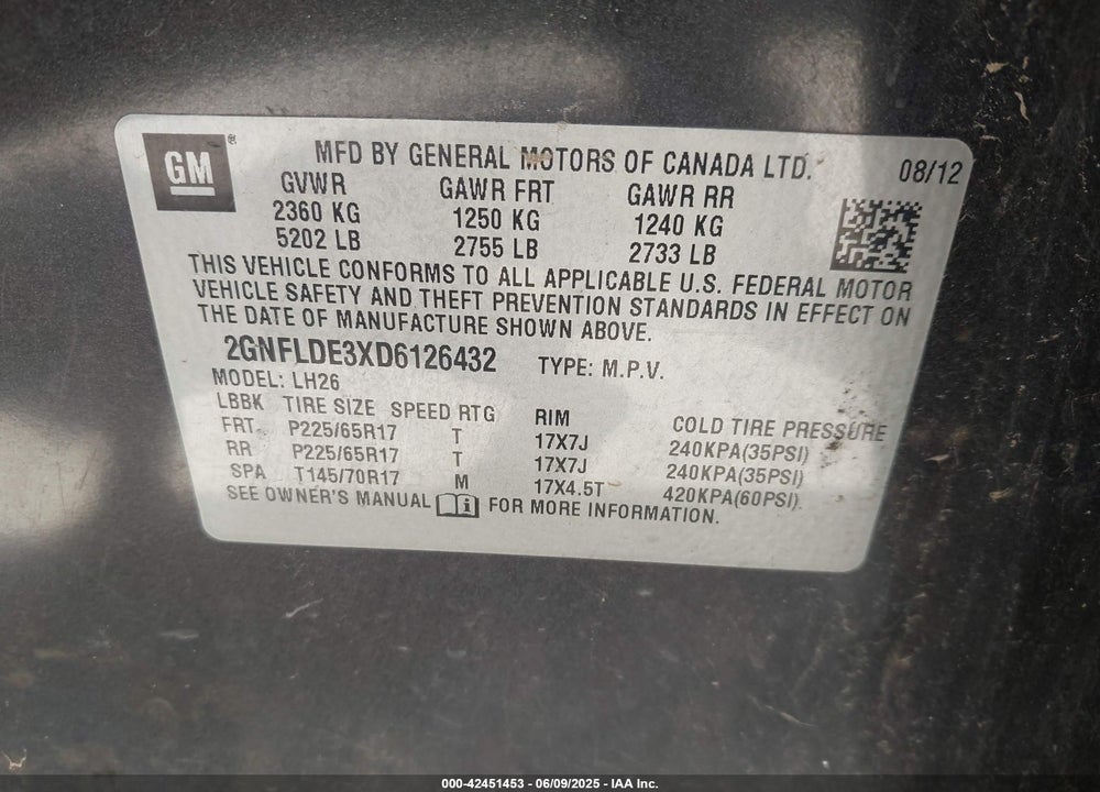 2013 CHEVROLET EQUINOX VIN: 2GNFLDE3XD6126432