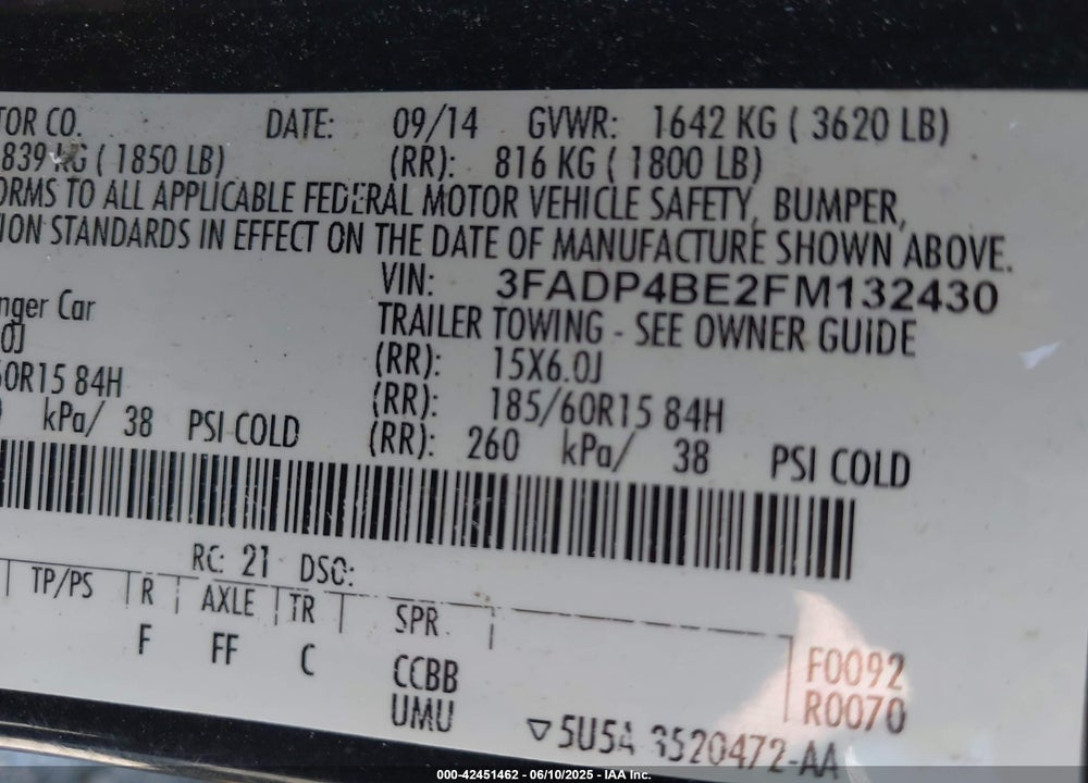 2015 FORD FIESTA VIN: 3FADP4BE2FM132430