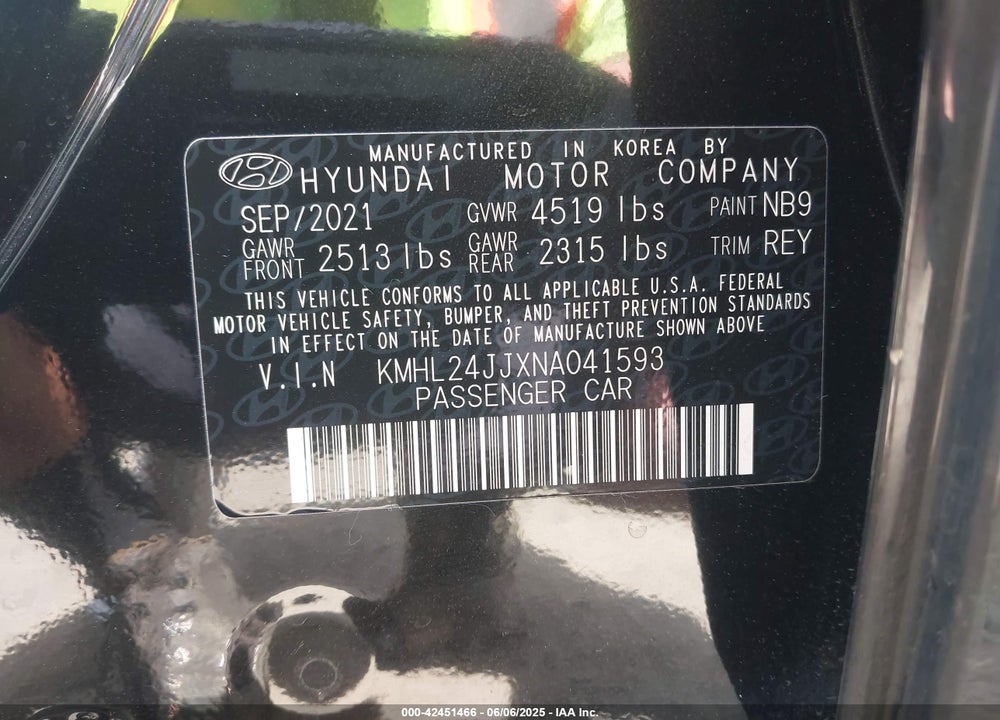 2022 HYUNDAI SONATA HYBRID VIN: KMHL24JJXNA041593