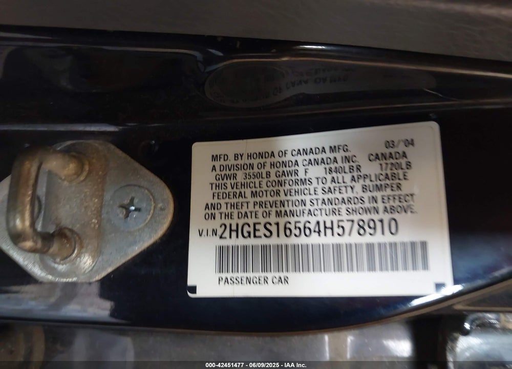 2004 HONDA CIVIC LX VIN: 2HGES16564H578910