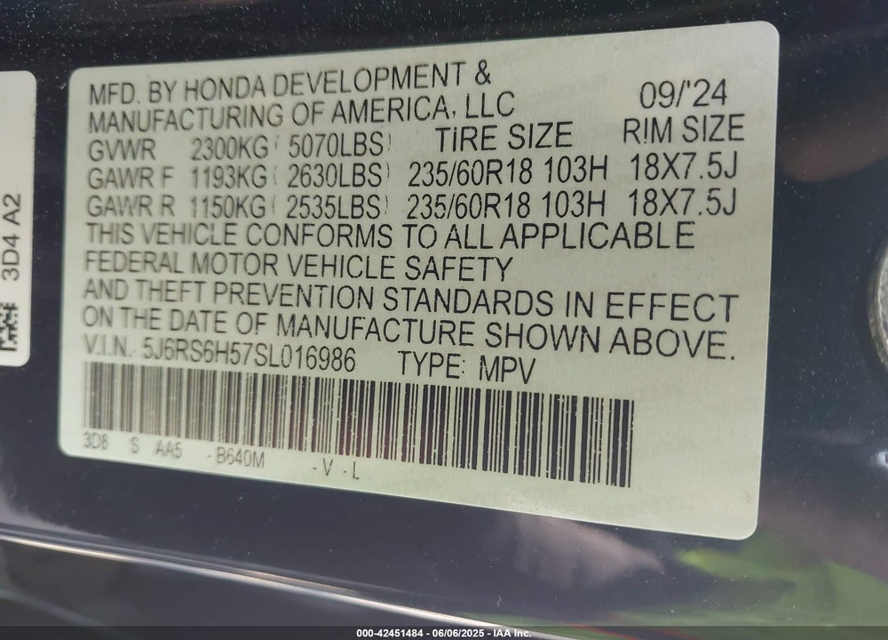 2025 HONDA CR-V VIN: 5J6RS6H57SL016986