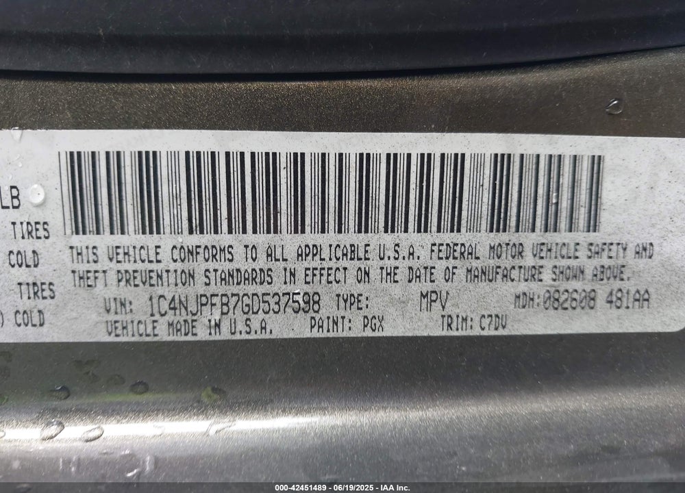 2016 JEEP PATRIOT VIN: 1C4NJPFB7GD537598