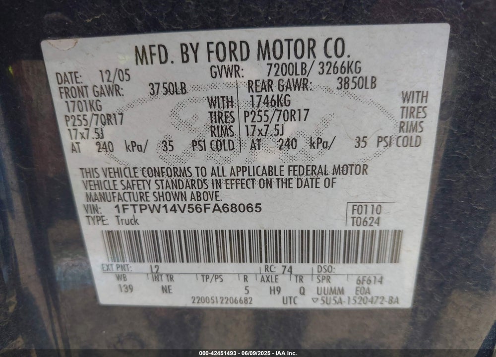 2006 FORD F-150 VIN: 1FTPW14V56FA68065