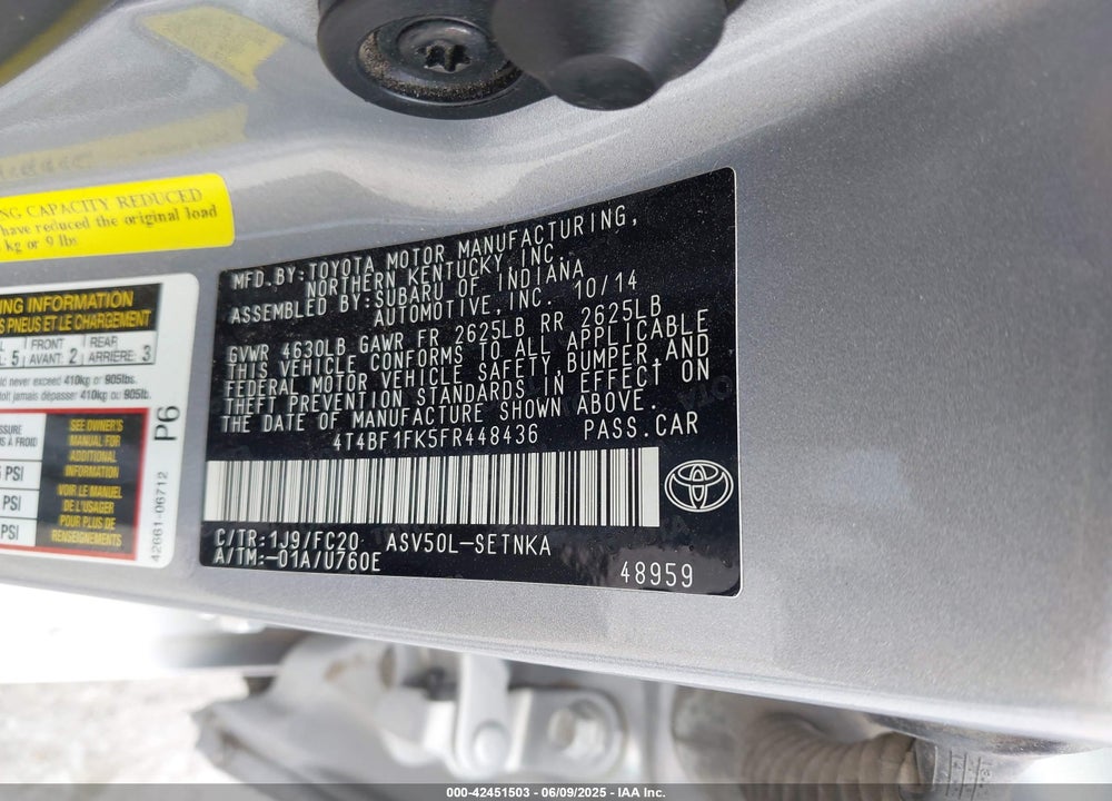 2015 TOYOTA CAMRY VIN: 4T4BF1FK5FR448436