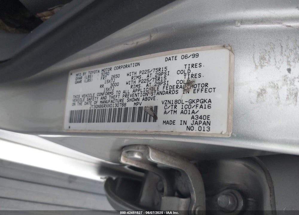 1999 TOYOTA 4RUNNER SR5 V6 VIN: JT3GN86RXX0130788