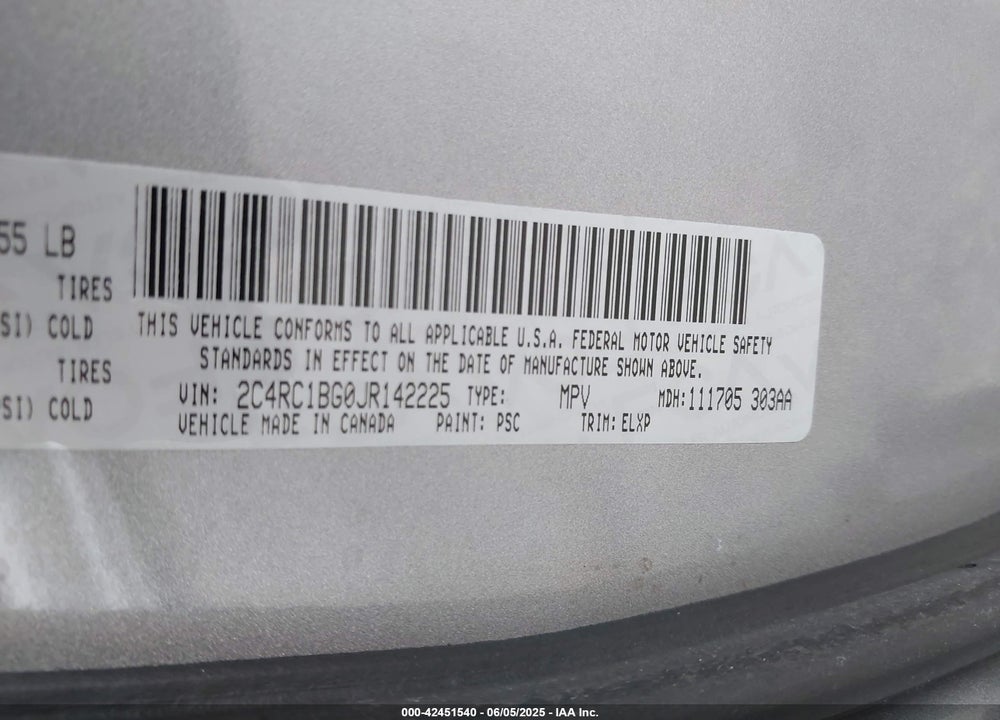 2018 CHRYSLER PACIFICA TOURING L VIN: 2C4RC1BG0JR142225