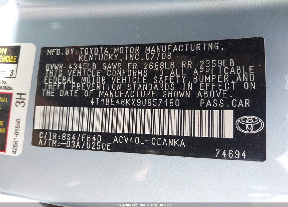 2009 TOYOTA CAMRY LE VIN: 4T1BE46KX9U857180