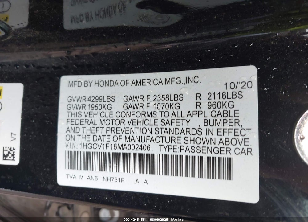 2021 HONDA ACCORD LX VIN: 1HGCV1F16MA002406