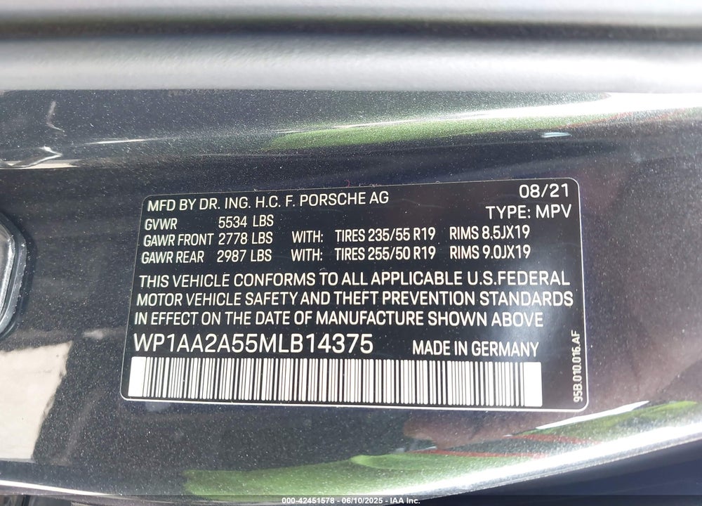 2021 PORSCHE MACAN VIN: WP1AA2A55MLB14375