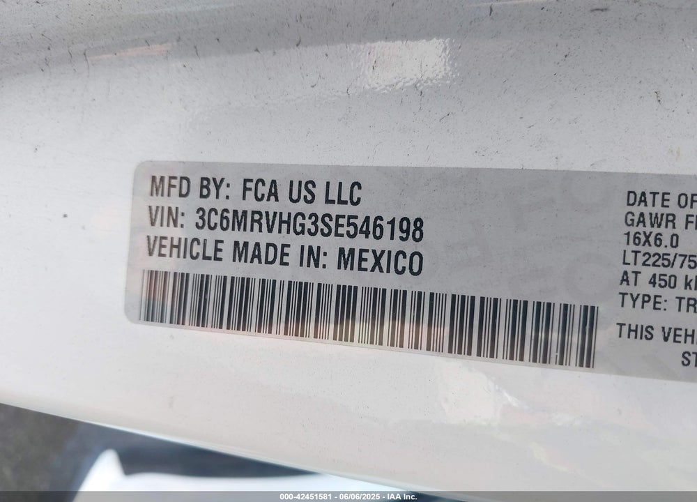2025 RAM PROMASTER 3500 TRADESMAN HIGH ROOF 159 WB W/PASS SEAT VIN: 3C6MRVHG3SE546198
