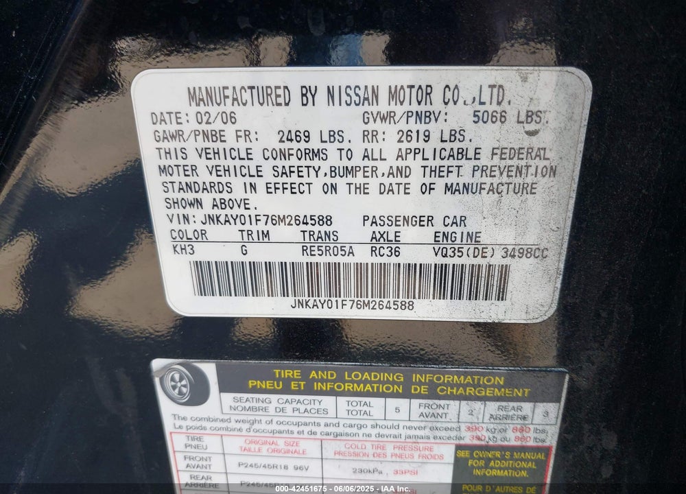 2006 INFINITI M35 VIN: JNKAY01F76M264588