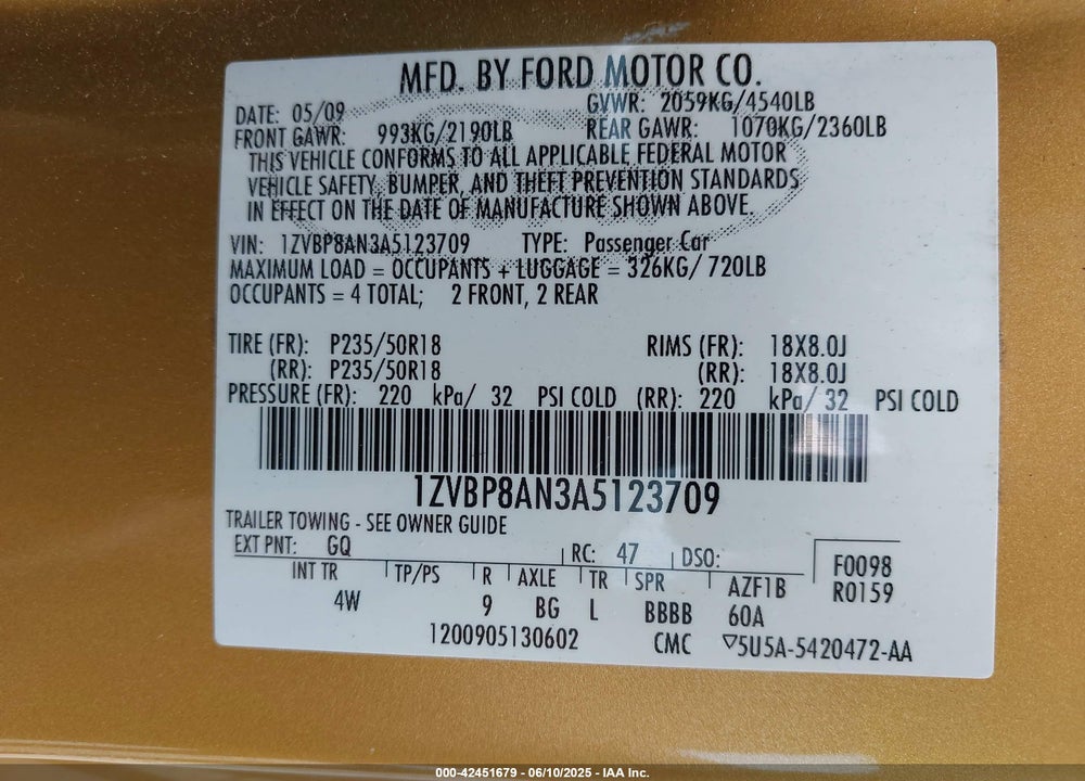 2010 FORD MUSTANG V6/V6 PREMIUM VIN: 1ZVBP8AN3A5123709