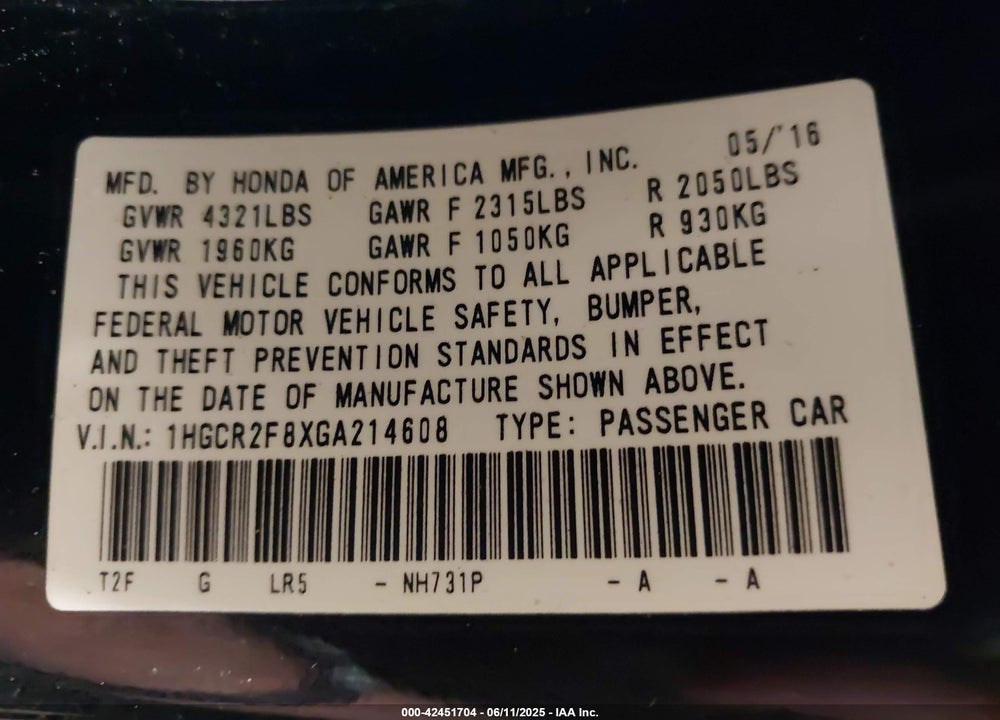 2016 HONDA ACCORD VIN: 1HGCR2F8XGA214608