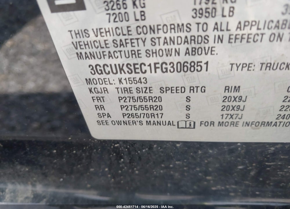 2015 CHEVROLET SILVERADO 1500 VIN: 3GCUKSEC1FG306851
