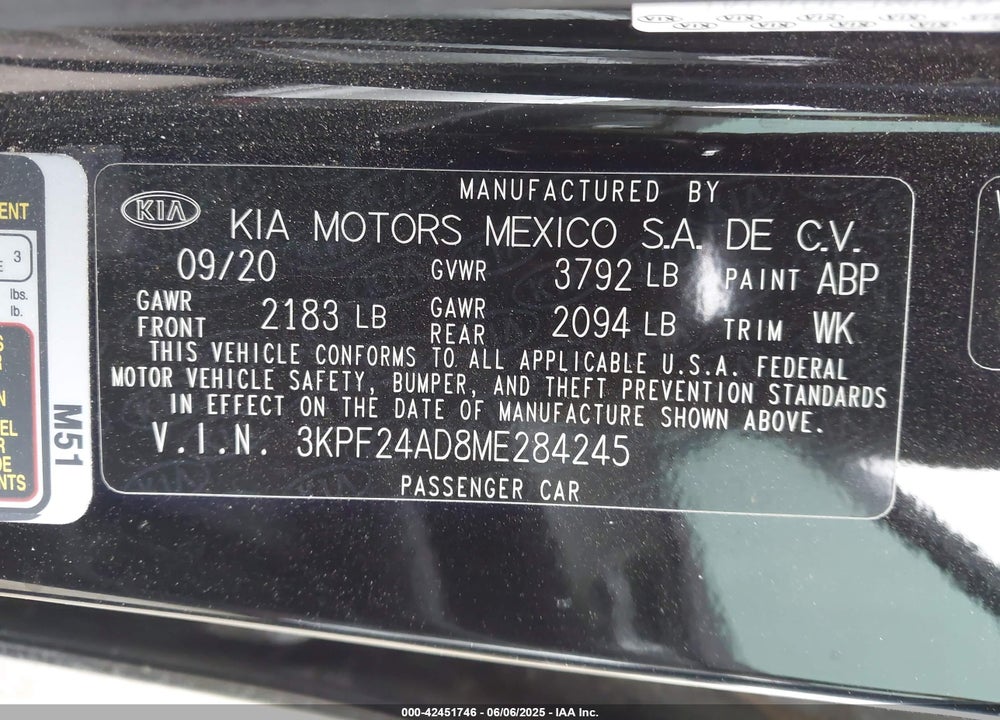 2021 KIA FORTE VIN: 3KPF24AD8ME284245
