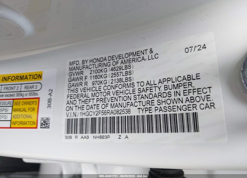 2024 HONDA ACCORD VIN: 1HGCY2F56RA082538