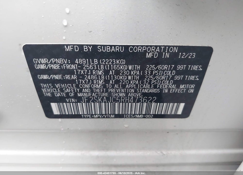 2024 SUBARU FORESTER WILDERNESS VIN: JF2SKAJC5RH473622