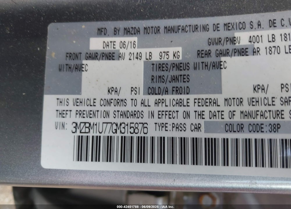 2016 MAZDA 3 I SPORT VIN: 3MZBM1U77GM315876