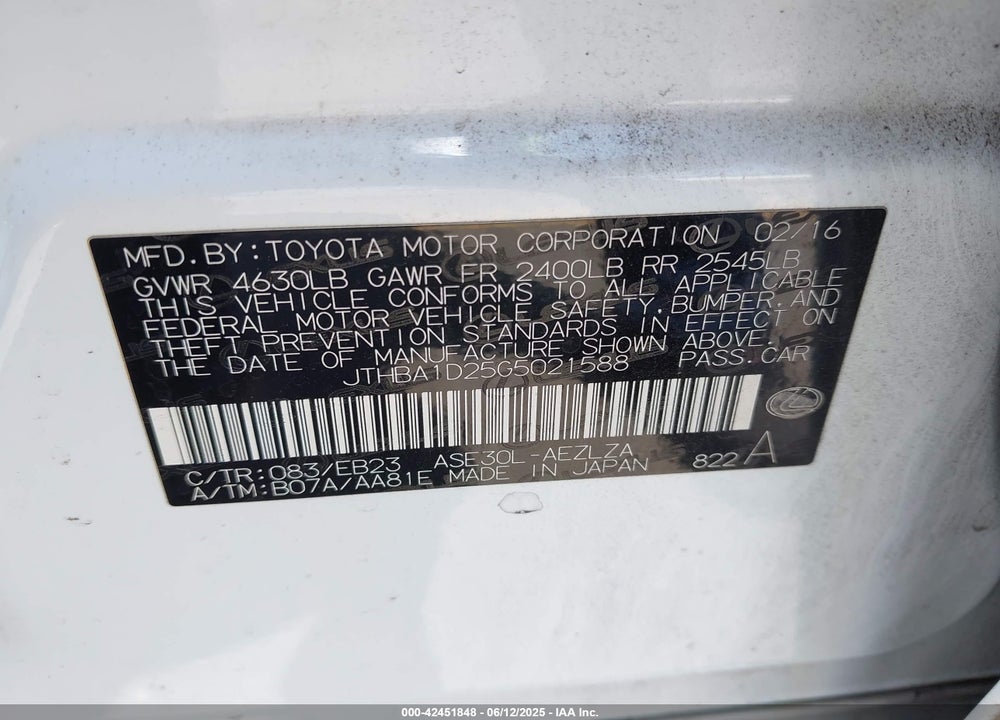 2016 LEXUS IS200T VIN: JTHBA1D25G5021588