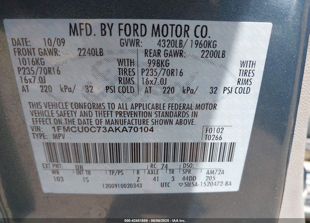 2010 FORD ESCAPE XLS VIN: 1FMCU0C73AKA70104