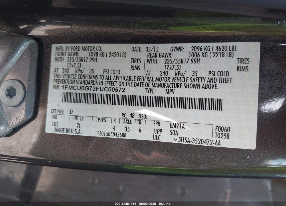 2015 FORD ESCAPE VIN: 1FMCU0G73FUC60572
