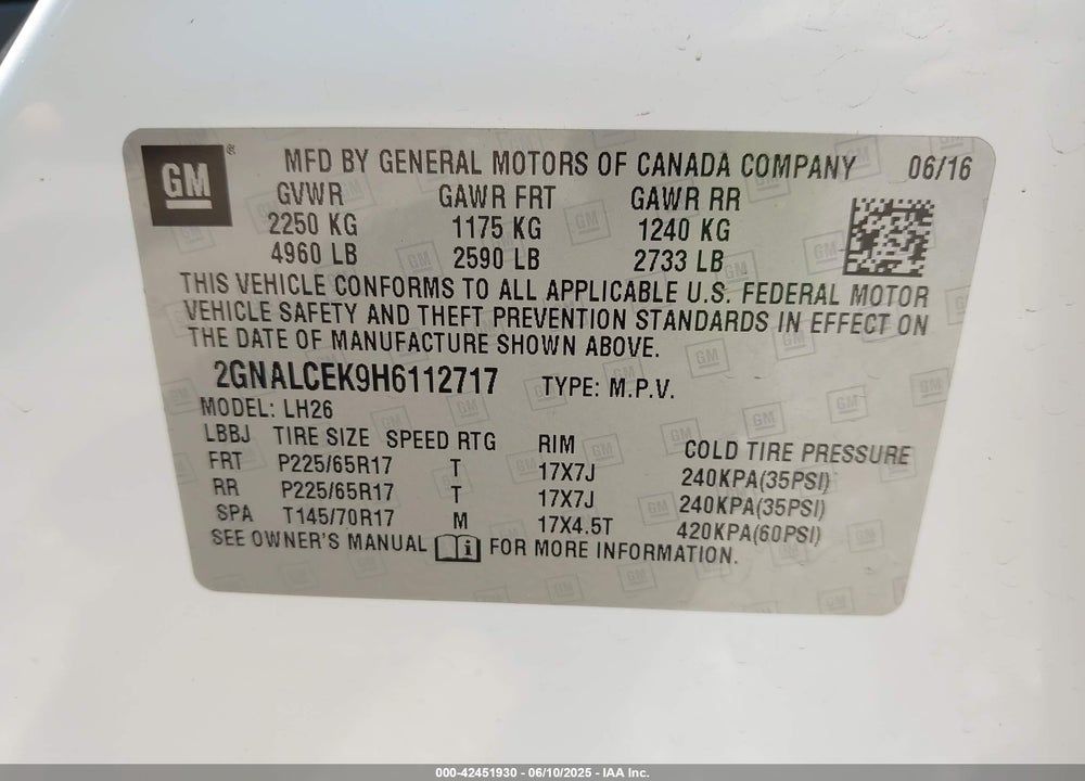 2017 CHEVROLET EQUINOX LT VIN: 2GNALCEK9H6112717