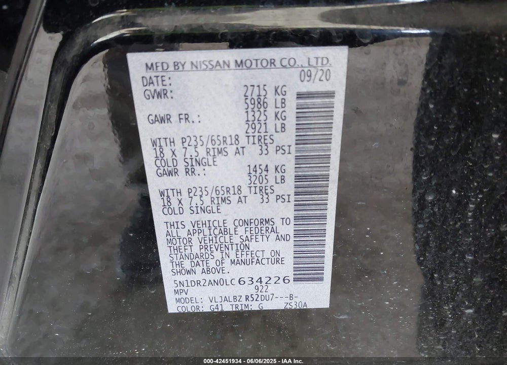 2020 NISSAN PATHFINDER VIN: 5N1DR2AN0LC634226
